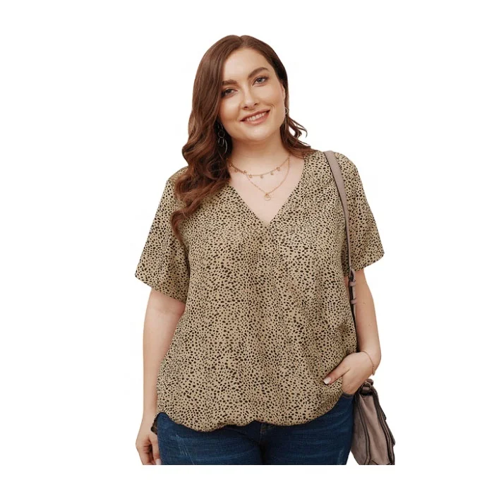 

New Design Hot Fashionable Leopard Plus Size Shirts Women Summer V Neck Blouses Tops