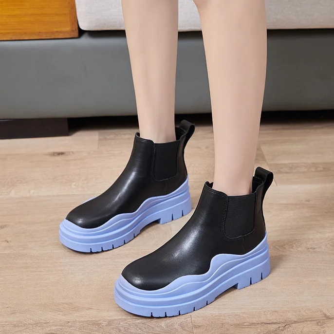 

New Style Women's Leather Elastic Middle Tube Boots Thick Soles Chelsea Boots, Colors