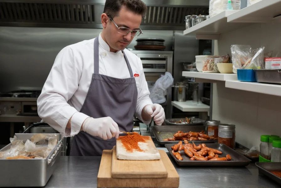 Chef carefully measuring ghost pepper powder with precision scale in professional kitchen setting, wearing protective gloves and eyewear