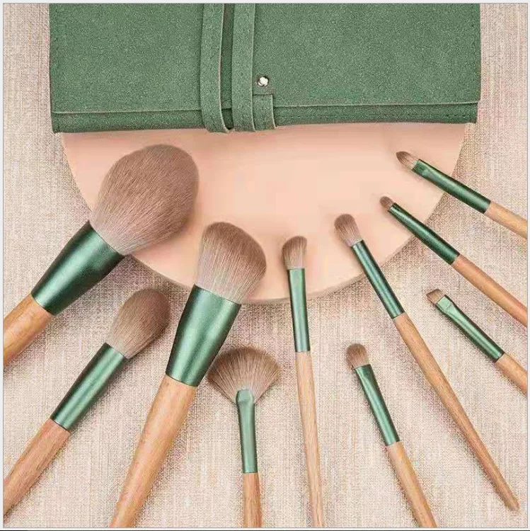 

Promotional High Quality Makeup Brush Set With Simple Pu Bag 10PCS OEM Cosmetic Brush Set Free Sample, Brown