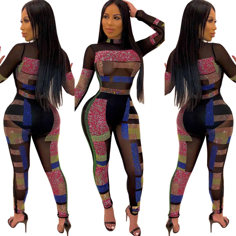 

European American Hot style foreign trade mesh perspective long sleeve ironing drill sexy nightclub jumpsuit pencil pants