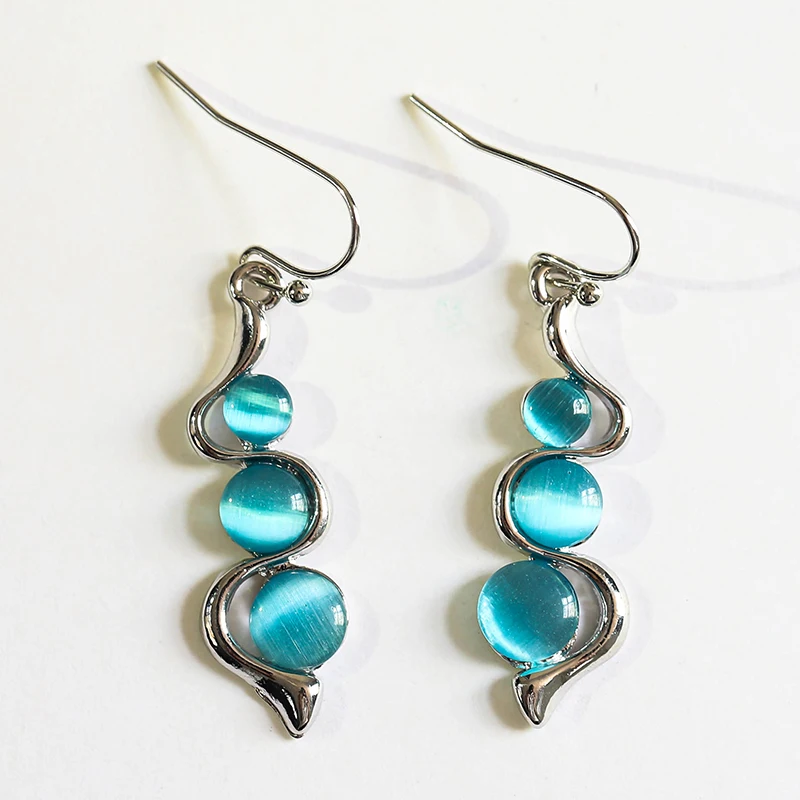 

Simple Alloy Curve Wavy Shape Aquamarine Cat's Eye Opal Dangling Earrings, Silver