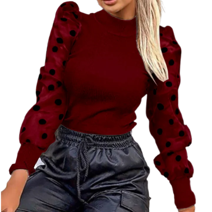 

S-XL Polka Dots Mesh Puff Sleeve Round neck pullover ladies elegant sweaters girls winter lace long sleeve sweater blouses