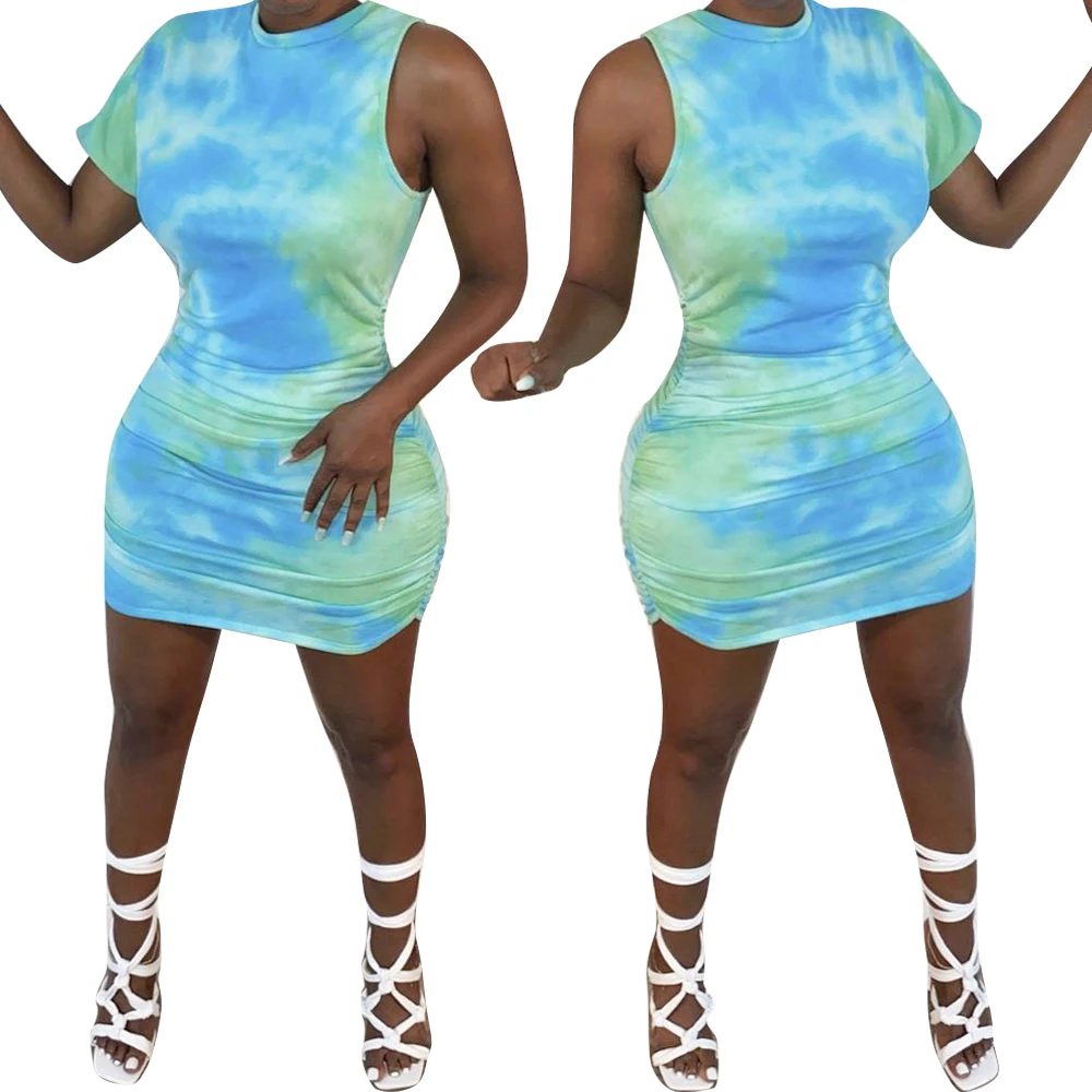 

ABgirl 2021 sun dresses women summer casual outfits light blue die tie skinny bodycon short sleeves T shirt skirt dresses