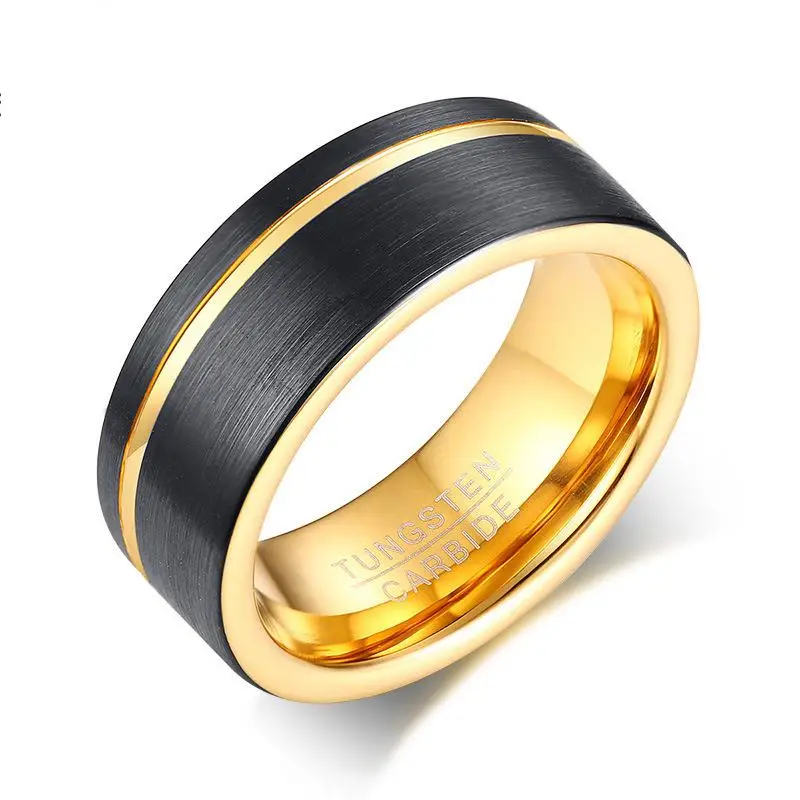 

Vintage Mens Engagement Ring Black Gold Two Tone Plated Brushed Effect Tungsten Ring for Men Gifts