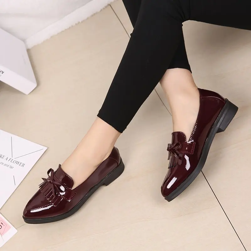

Spring Flats Women Shoes Bowtie Loafers Patent Leather Women's Low Heels Slip On Footwear Female Pointed Toe Thick Heel