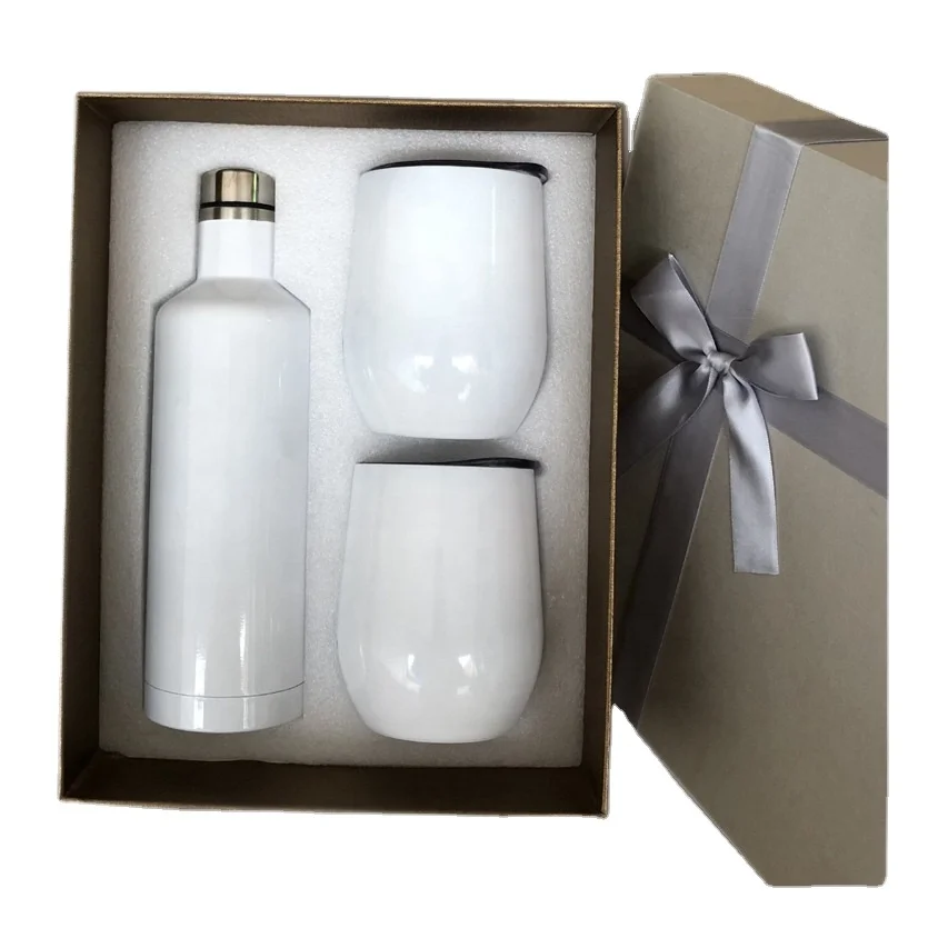 

USA warehouse free shipping: Wedding Sublimation Blank White Stainless Steel Flask Wine Bottle Tumbler Set With Gift Box, White for sublimation