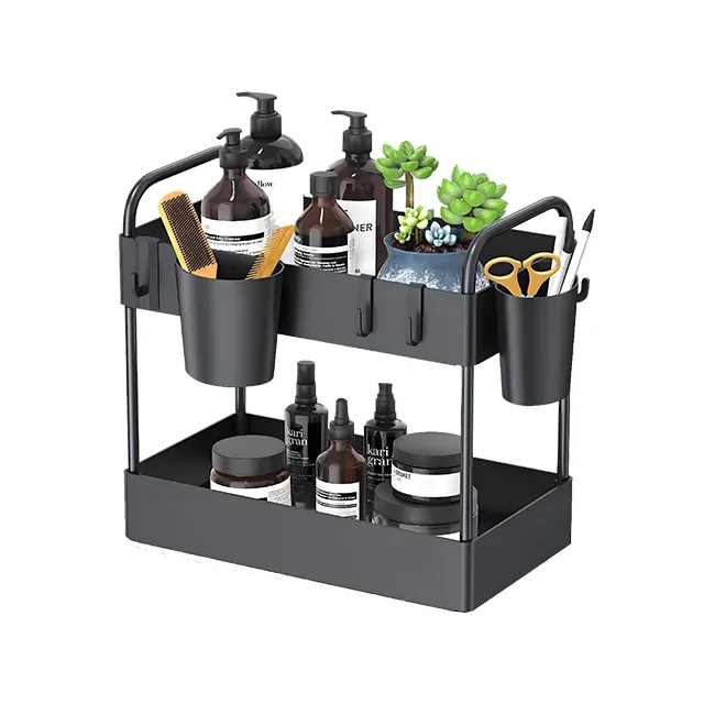 

Hot-Sale Kitchen 2 Tier Sliding Plastic Under Sink Organizer For Bathroom Kitchen Storage