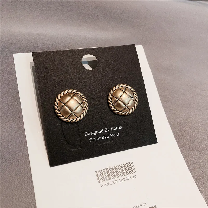 

Kaimei S925 Silver Korean winter fashion old ancient gold simple geometric round light plate vintage stud earrings for women, Many colors fyi