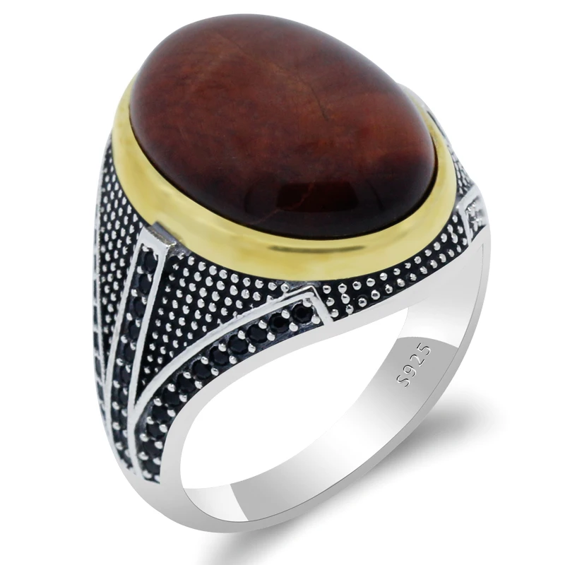 

925 Sterling Silver Men Ring With Tiger Eyes Natural Stone Vintage Ring Cool Punk Turkish Ring Jewelry