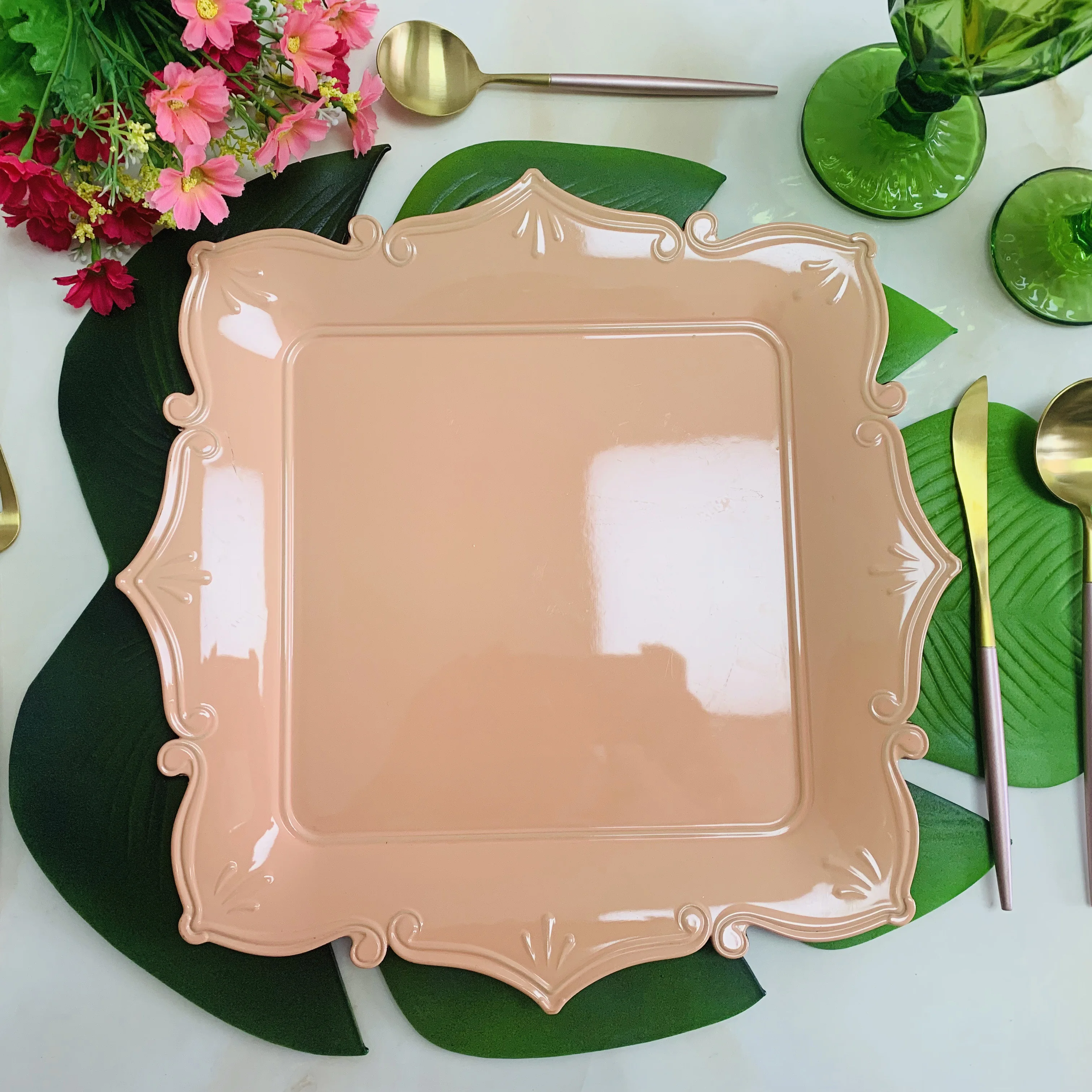 

Acrylic Wholesale Peach Square Plastic High Quality Wedding Cheap Disposable Embossed 13 Inches Charger Plate