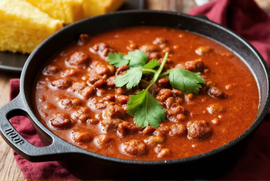 Cast iron pot with rich red chili simmering, fresh cilantro garnish, side of cornbread