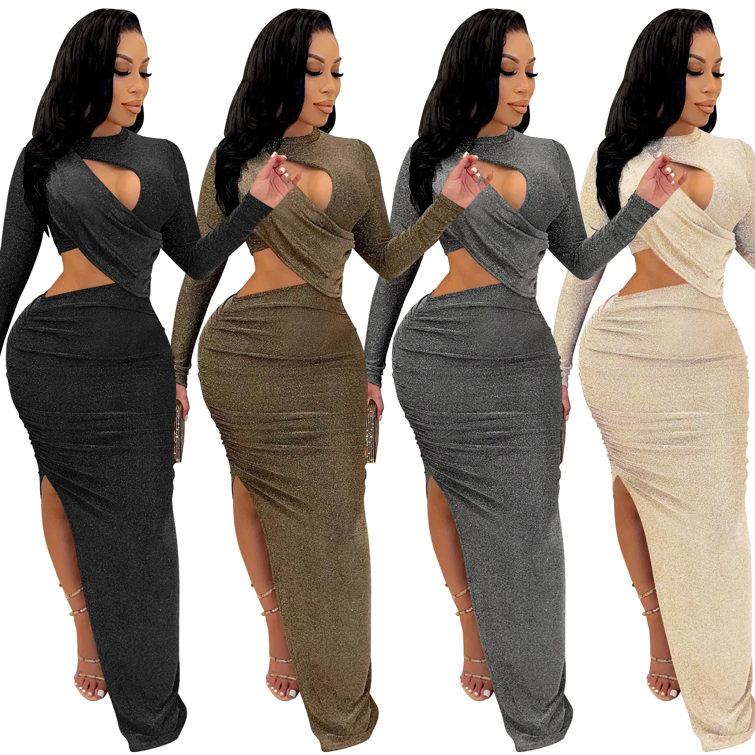 

2022 Summer Fashion Solid Hollow Out Long Dress Long Sleeve Stacked Dresses Sexy Side Split Dress For Women