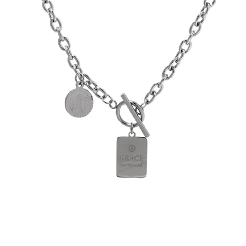 

Ladies Pop Hip Hop Jewelry Stainless Steel OT Clasp Round Square Brand Pendant Necklace, Silver
