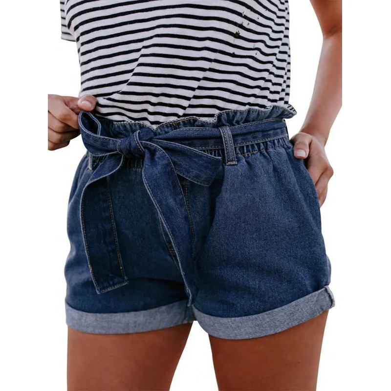 

Bulk Wholesale Women Blue Paper Bag Waist Denim Short Jeans, Customized
