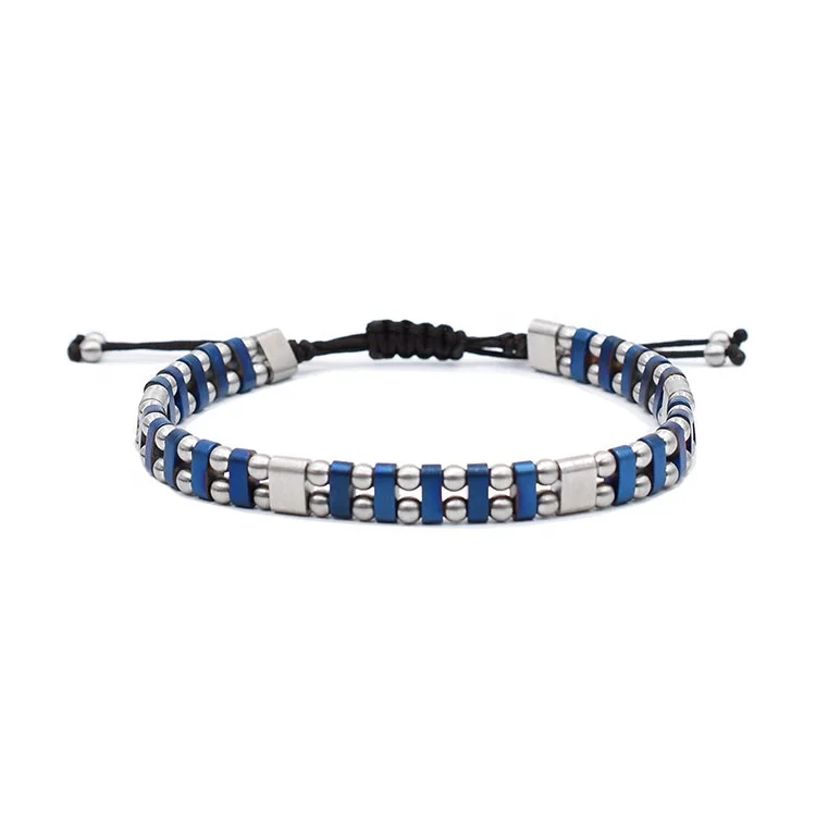 

High quality adjustable cord matt stainless steel bead hematite beaded mens bracelets, Picture