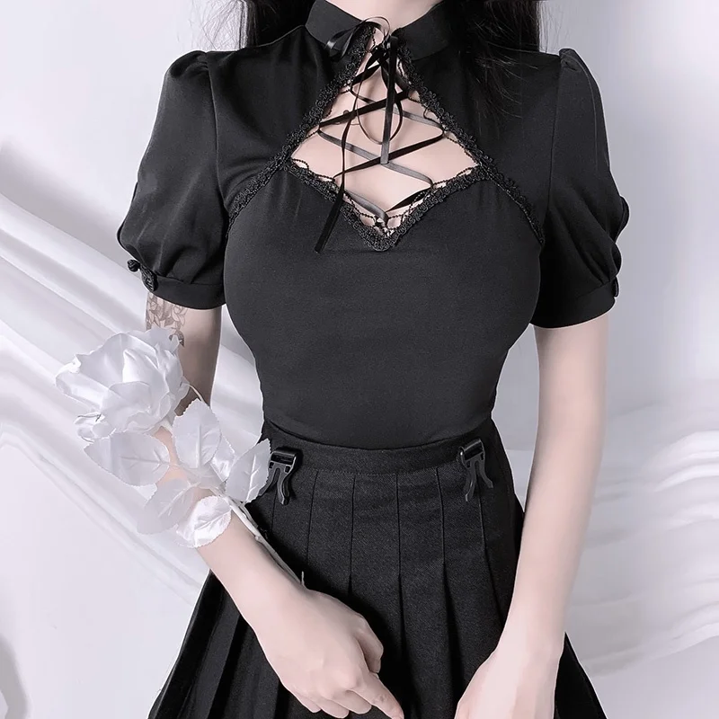 

wholesale best price fashion high quality basic tee shirt women crop top short sleeve tie up hollow out t shirt for women ladies