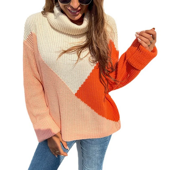 

Free Shipping autumn winter long wide sleeve turtle neck abstract color block sweater, As picture