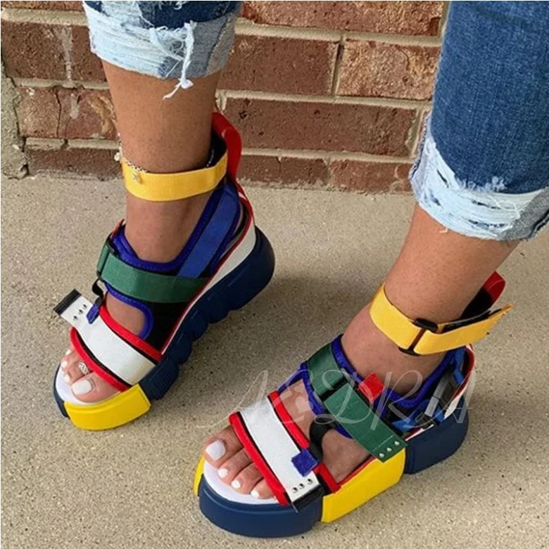

Open Toe High Platform Women Summer Shoes Casual Thread Thick Sole Flat Sandals Wedge Heel Pumps, Blue
