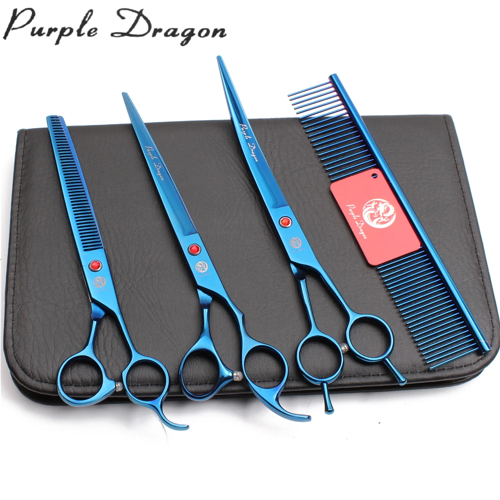 

Grooming Scissors set Dog 8.0" Blue Japanese Steel Straight Shears Pet Thinning Scissors Dog Curved Scissors Purple Dragon Brand, Blue color