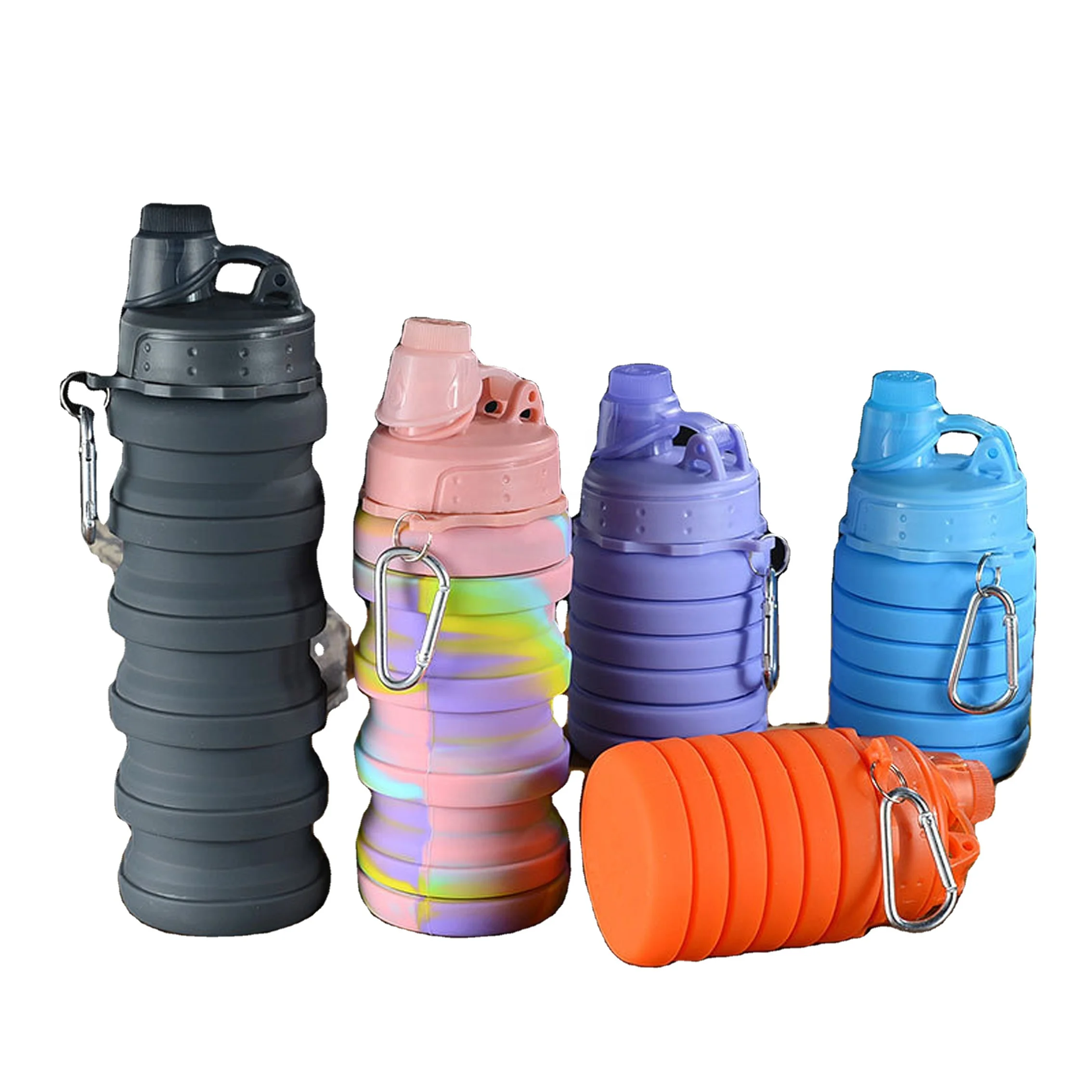 

Amazon Hot 2021 Rainbow Food Grade Silicone Foldable Sports Water Bottle Bpa Free Collapsible Water Bottle For Hiking Cycling, Black,purple,orange,blue,colors