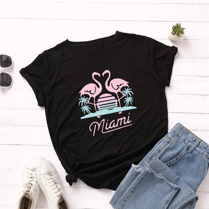 

Womens Soft Tee T-shirt Top Flamingo Printing 100% Cotton Women T-shirt, Customized color