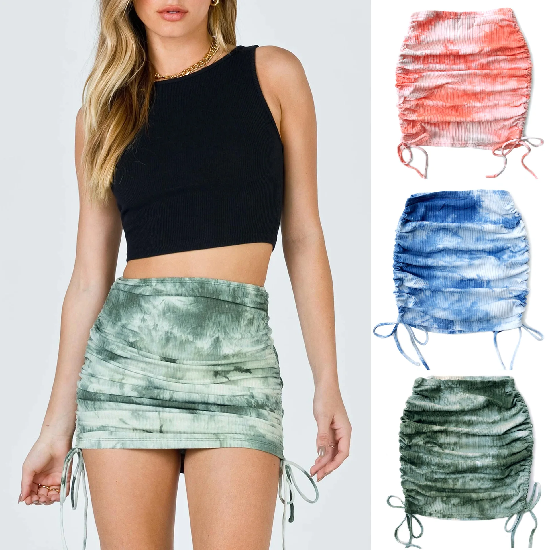 

2022 Custom Logo Factory New Arrivals Women's Skirt Stretch Ruffle Knit Sexy Tie-dye Bag Hip Skirt Casual