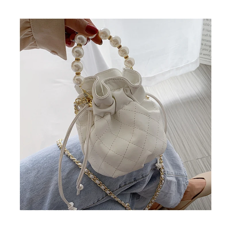 

Pearl Chains Bucket Leather Bag Women Crossbody Ruched Handbags Tote Designer Messenger Bag Clutch Small Drawstring Sling Bags