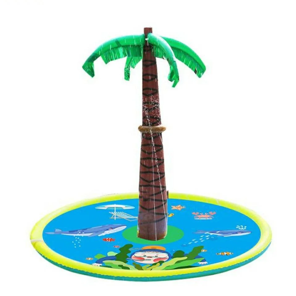 

180cm 70 inch Summer Outdoor toy Sprinkle Party Water Toys Splash Play Mat with funny palm tree for Toddlers Baby Kids Children, Blue /yellow