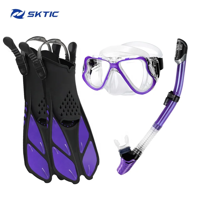 

SKTIC China Custom All Size Snorkeling Scuba Dive Gear Set Snorkel Fins Diving Masks Set Snorkel Tube Freediving Flippers, Transparent purple