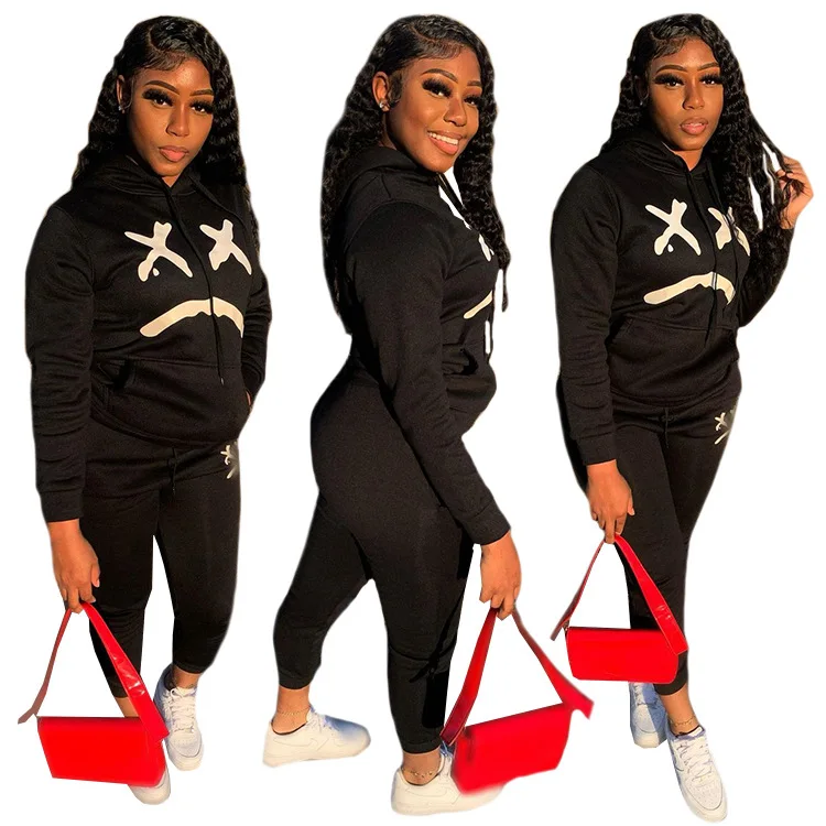 

Dos piezas black base long sleeve ensembles spliced poly spandex hip hop design jogging 3d printing hooded womans 2 piece set, Picture color