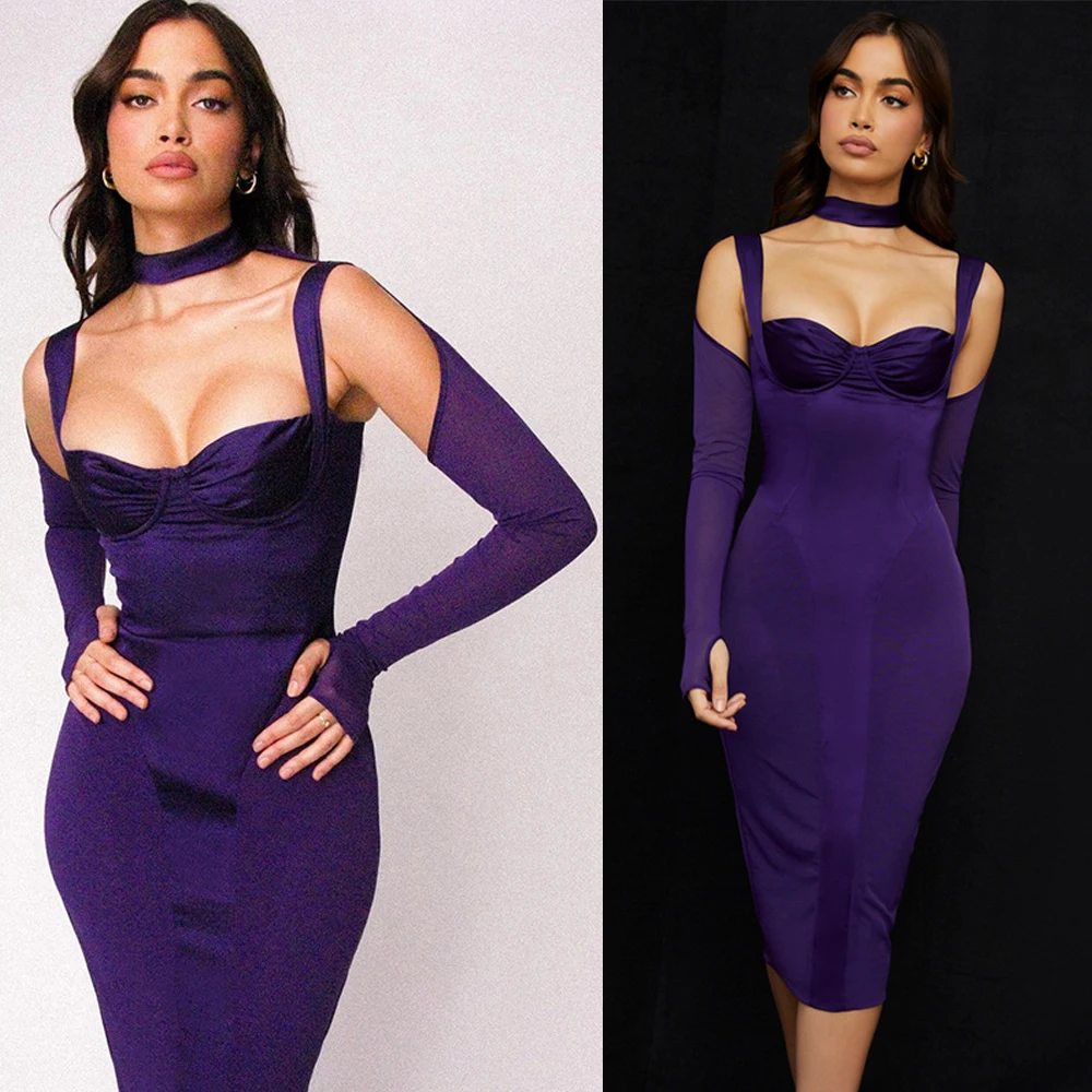 

New Design Party Wear Dresses Halterneck Backless Bodycon Midi Satin Dress Cocktail Dress For Women, 2 colors in stock