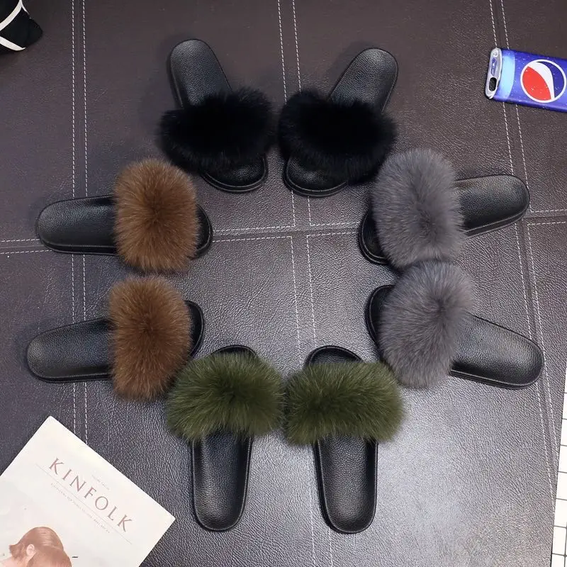 

Wholesale European and American summer fashion fluffy colorful ladies fox leather slippers with customized logo, Customized color