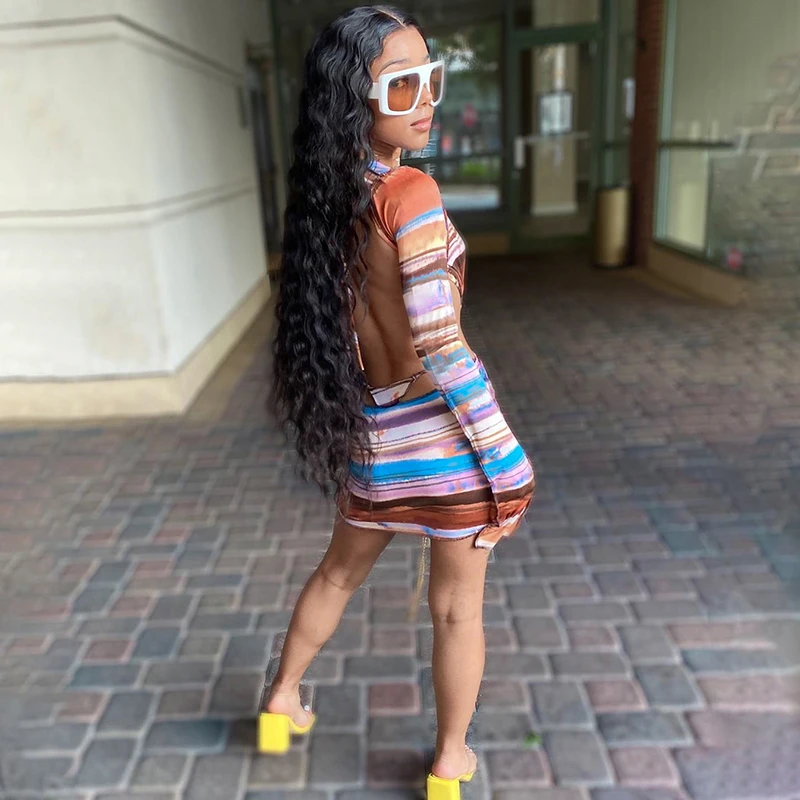 

rainbow stripe super Long Sleeve Women Sexy low back cut tie up Bodycon Mini Dress 2021 New Fashion club party evening Clothing, Picture show