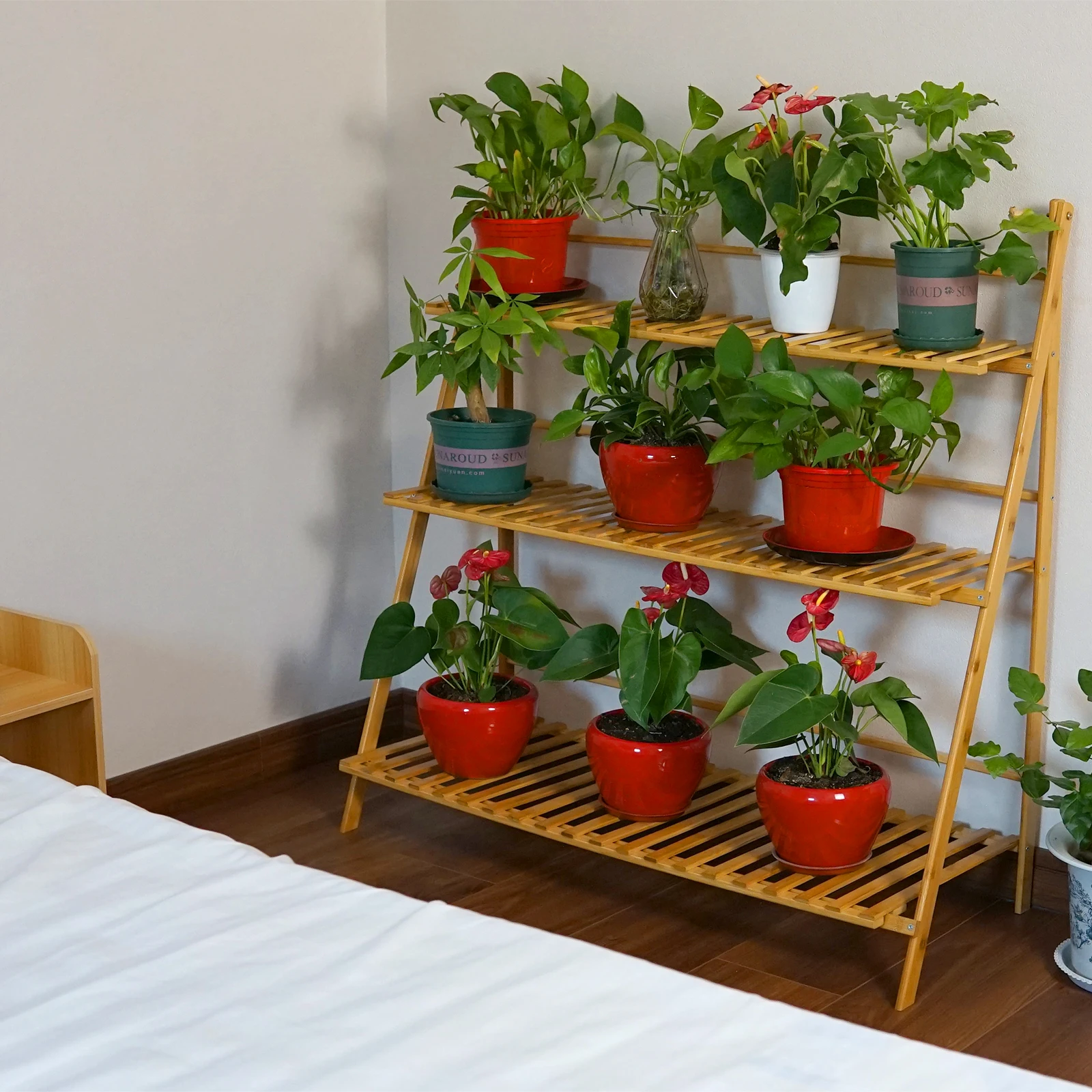 

Plant Flower Stand Rack Shelf 3-Tier Bamboo Foldable Pot Racks Planter Organizer Display Shelves, 27.6" x15.7" x 38.2" (Natural