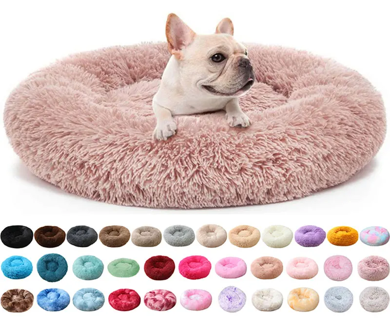 

Wholesale Cheap Washable Waterproof Cozy Faux Fur Plush Designer Removable Soft Memory Foam Large Round Donut Pet Cat Dog Beds, 6 colors / customized