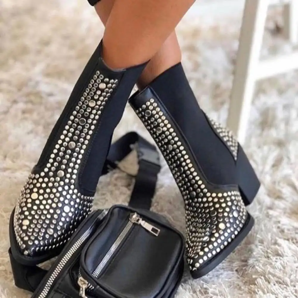 

Autumn and winter sexy pointed women's metal studs short chelsea boots fashionable rivets elastic roman ankle boots for ladies