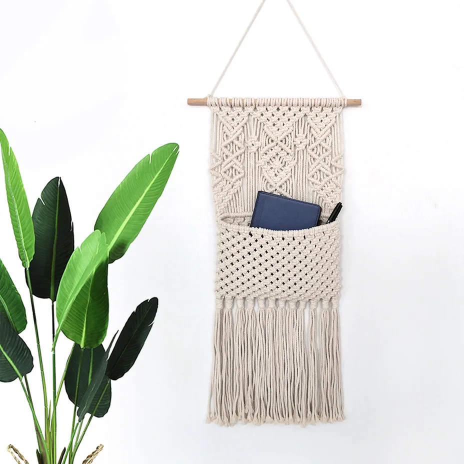 

Boho Macrame Wall Hanging Macrame String Bag Pocket Tapestry Rope Cotton Wall Hanging