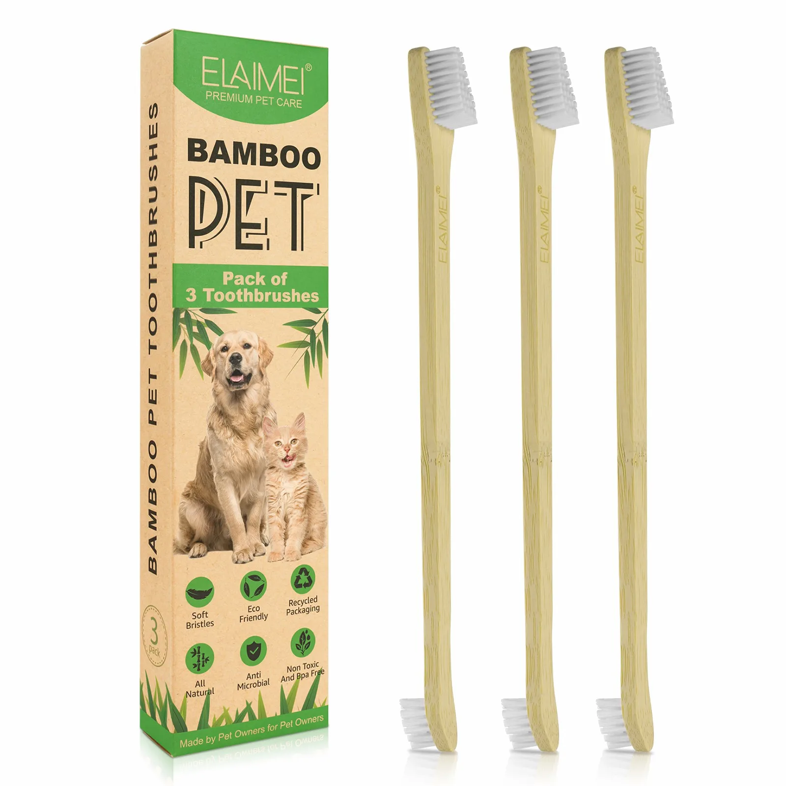 

Custom Eco-friendly Natural Bamboo Pet Toothbrush Double Side Soft Bristle Dog Toothbrush and Finger Toothbrush For Dog And Cat