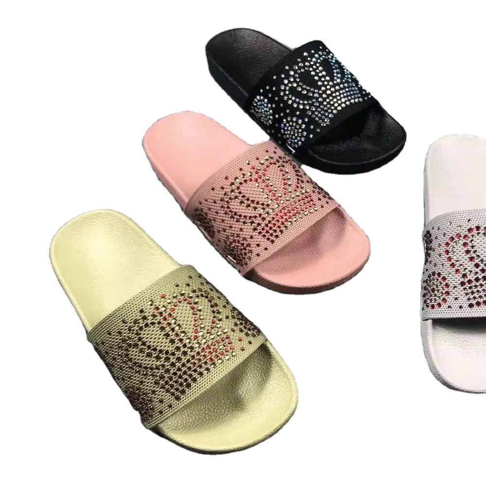 
2020 New Arrivals Factory Customised fashion flynit upper sandals sliper bling bling rhine stone PVC women slides 