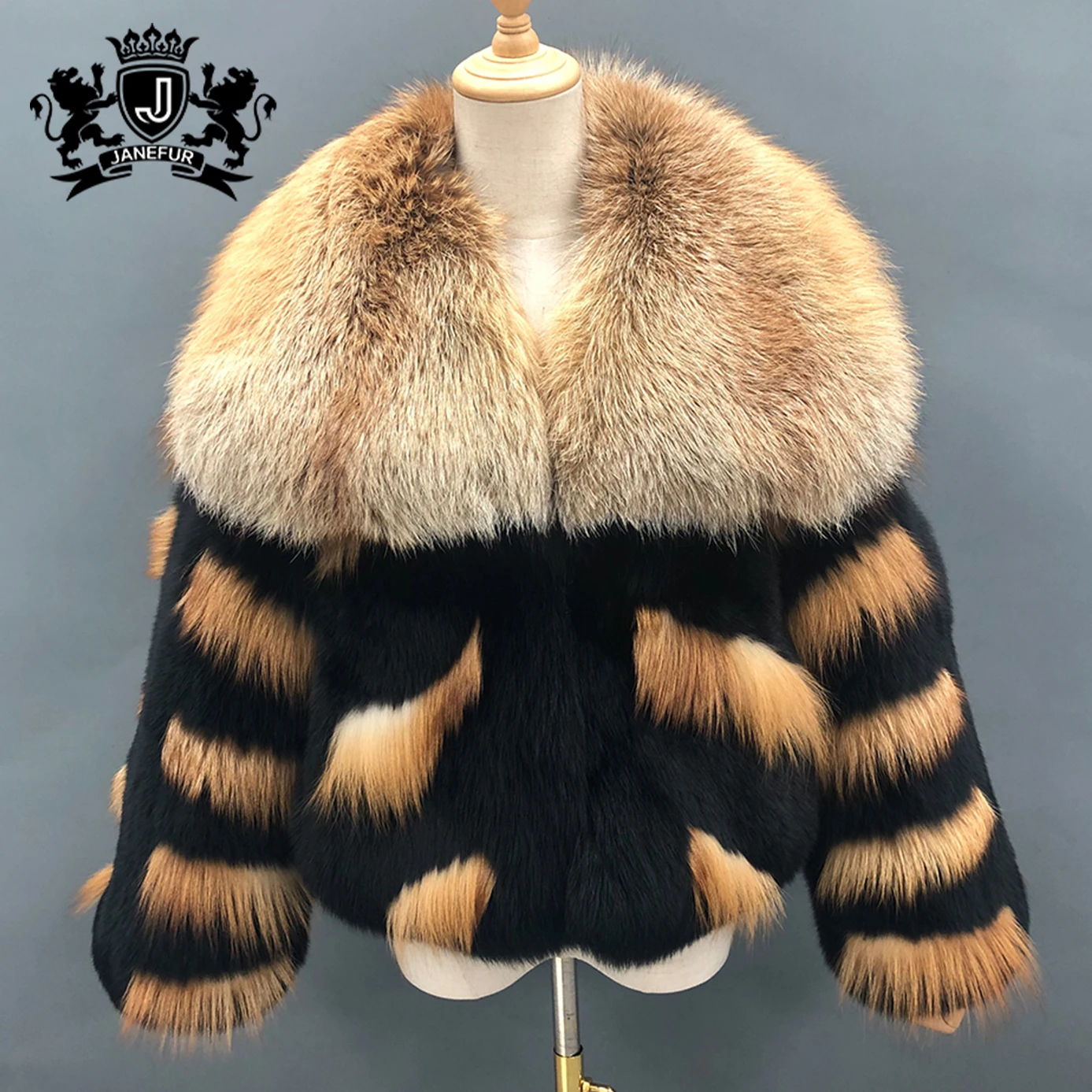 

Jane New Design Short Fox Fur Coat Women Big Fluffy Fur Collar Short Fox Fur Coat