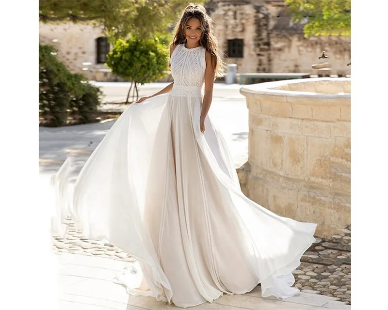 

#11217 Bohemian Beach Sleeveless Scoop Backless Sweep Train Lace Applique Chiffon Wedding Dress Bridal Gowns Evening Dress