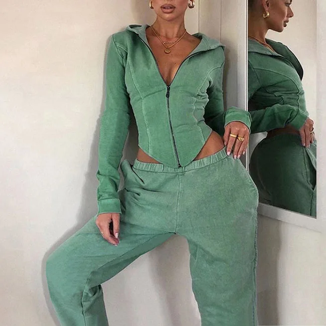 

FS1487D New arrivals Autumn Full Sleeve Zipper hoodie and pants Two Piece Set Fashion Fitness Gym Wear