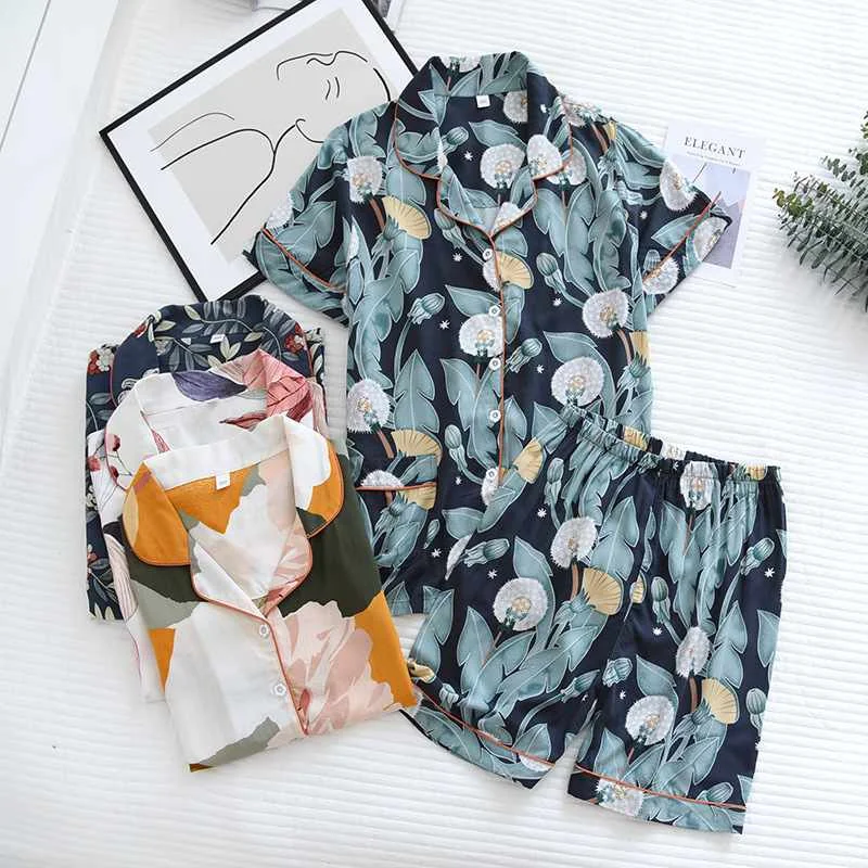 

2021Summer new style ladies 100% viscose sleepwear two-piece pure cotton thin large size short-sleeved shorts cartoon home servi, Required