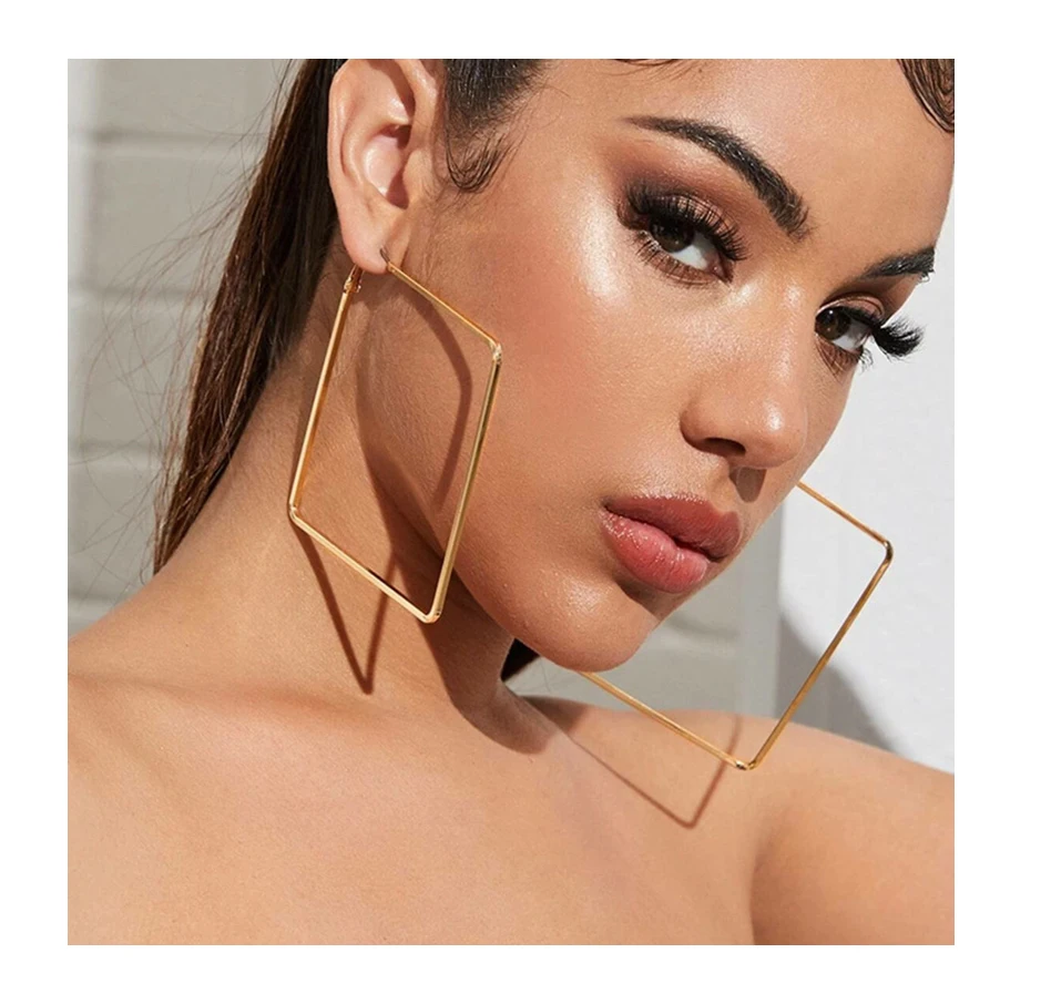 

Trendy Stainless Steel Geometric Big Hoop Earrings Exaggerated Large Square Hypoallergenic Earrings Jewelry For Women, Picture shows