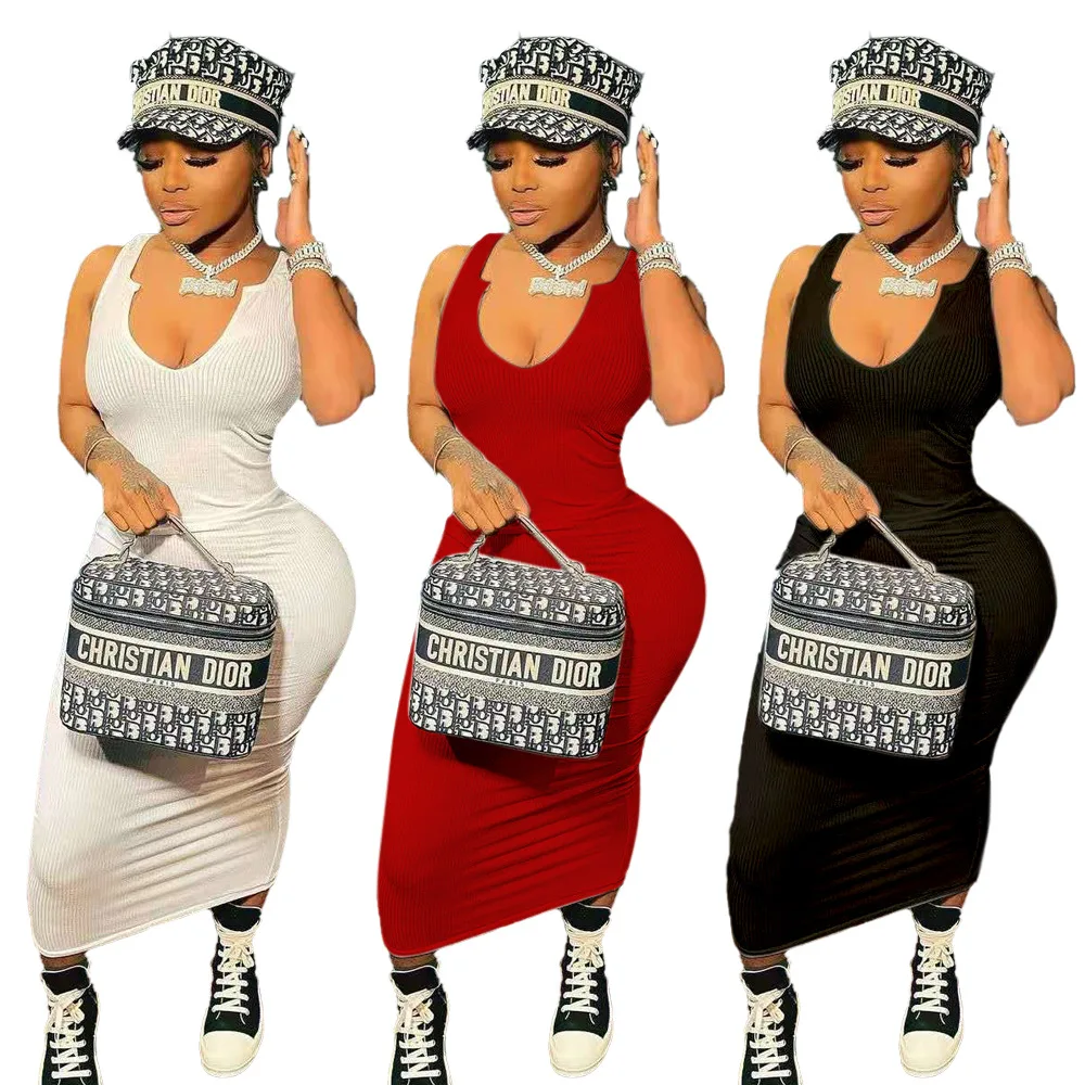 

2021 summer fashion casual women clothing solid rib casual slim sleeveless V-neck vest one-piece skirt women dresses long dress, Reveal