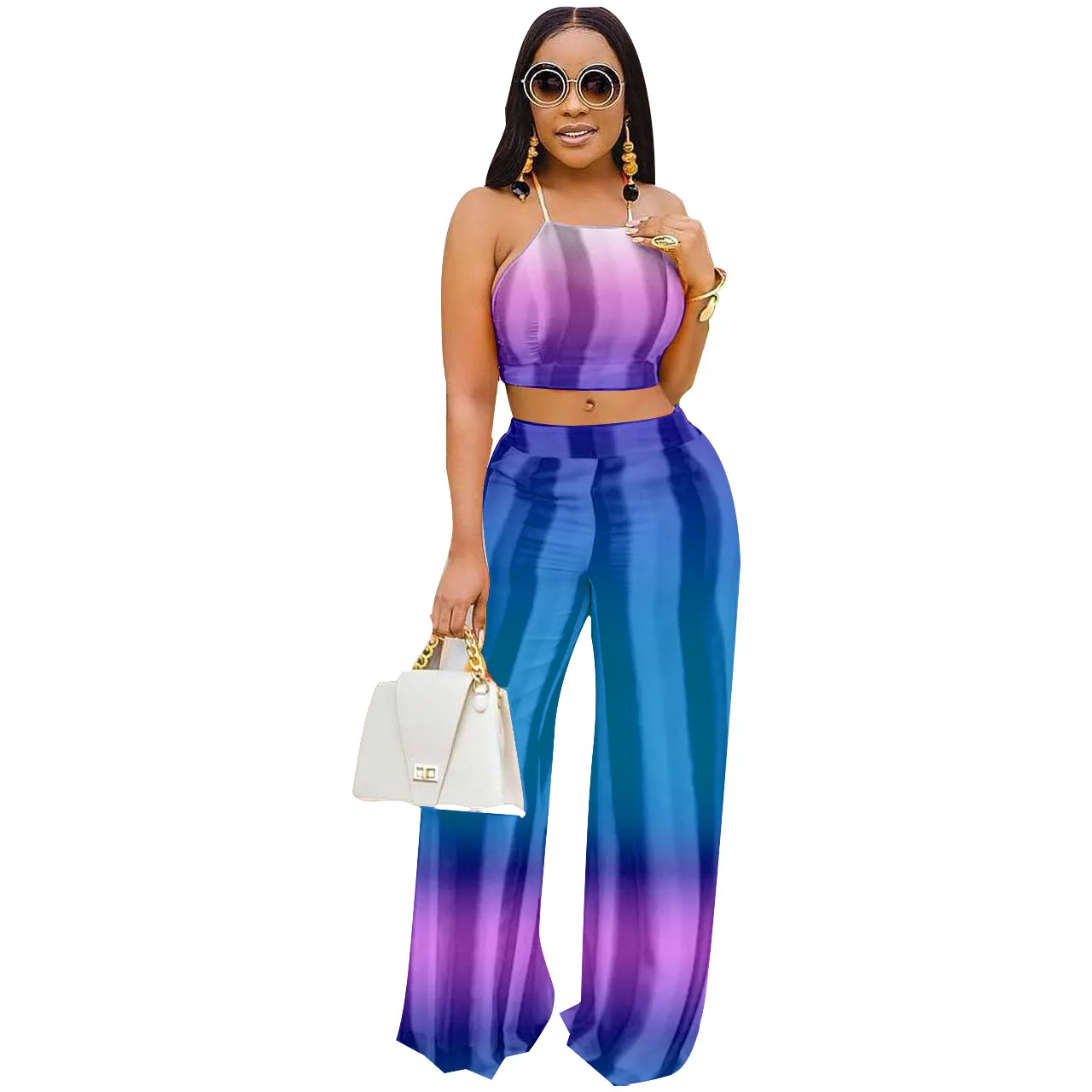 

Wholesale Cheap Clothing Casual Sets Crop Top Girls Gradient Colors Condole Top With Wide Leg Pants 2 Piece Pants Set Women