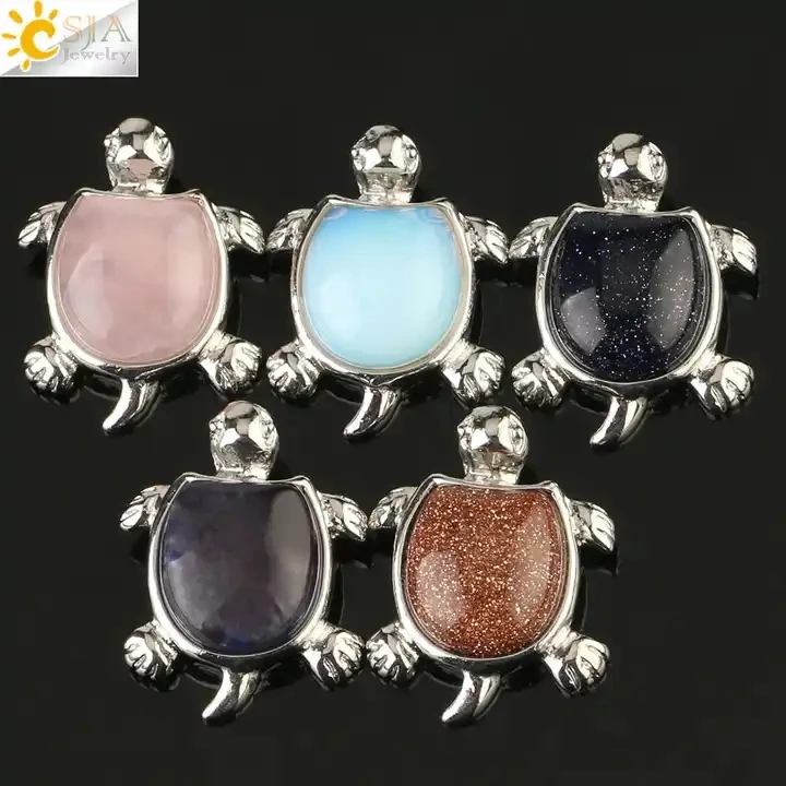 

CSJA Natural Gemstone Amethyst Tiger Eye Rose Quartz Healing Cute Animal Turtle Crystal Pendant Necklace Fashion Jewelry G175