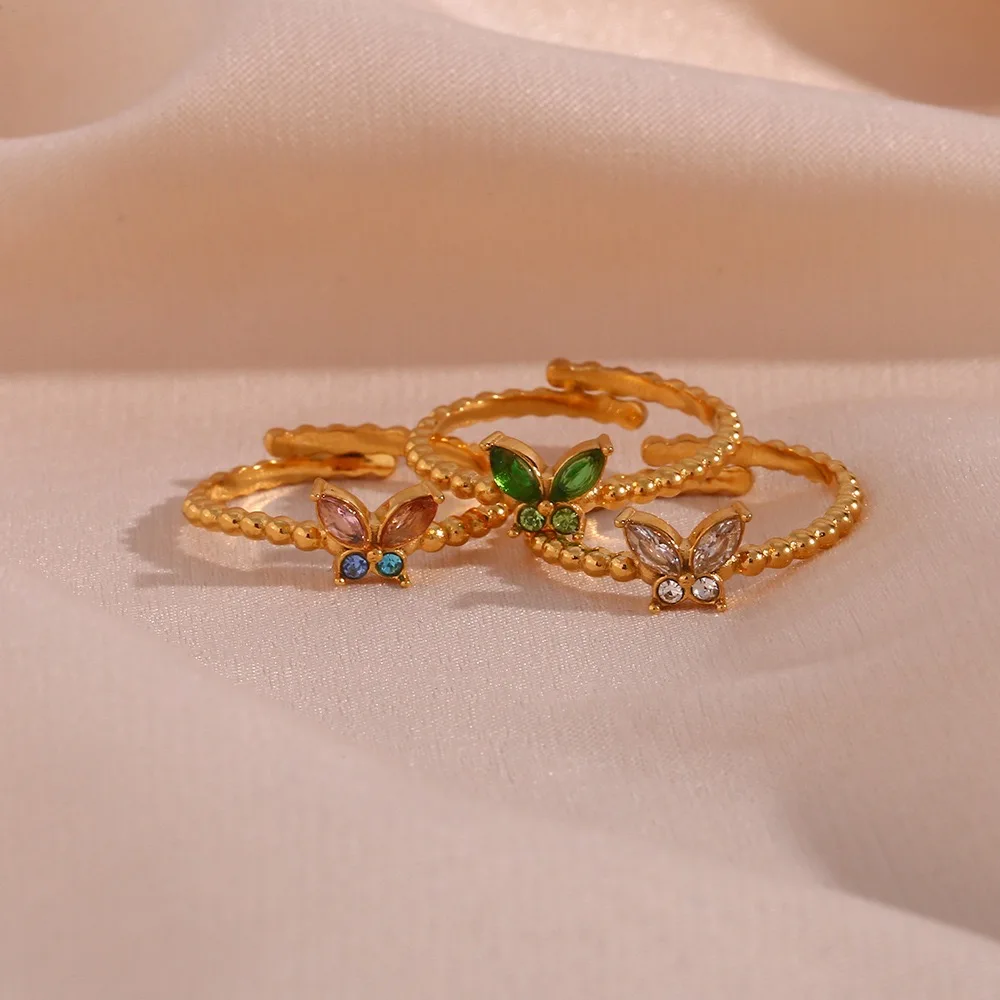 

18K Stainless Steel Gold Plated Adjustable Zircon Butterfly Rings For Women Non Tarnish Jewelry