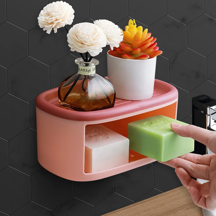 

Household Creative Save Space Double Plastic Drain Free Punch Bathroom Rack Suction Cup Wall Hanging Soap Dispenser